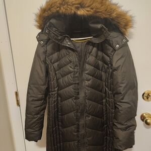Marc New York Charcoal Puffer Long Womens Jacket with Faux Fur Trim Hood